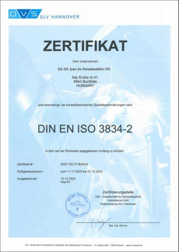 Zertifikat DIN EN ISO 3834-2  2020.11.11 - 2023.12.01